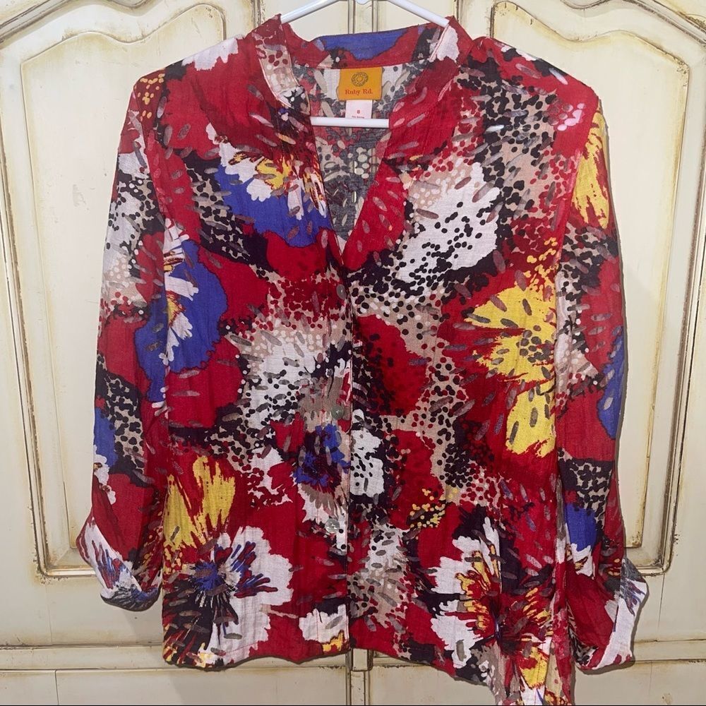Ruby Rd. Semi-Sheer Multicolor Button Down Blouse - Size 8